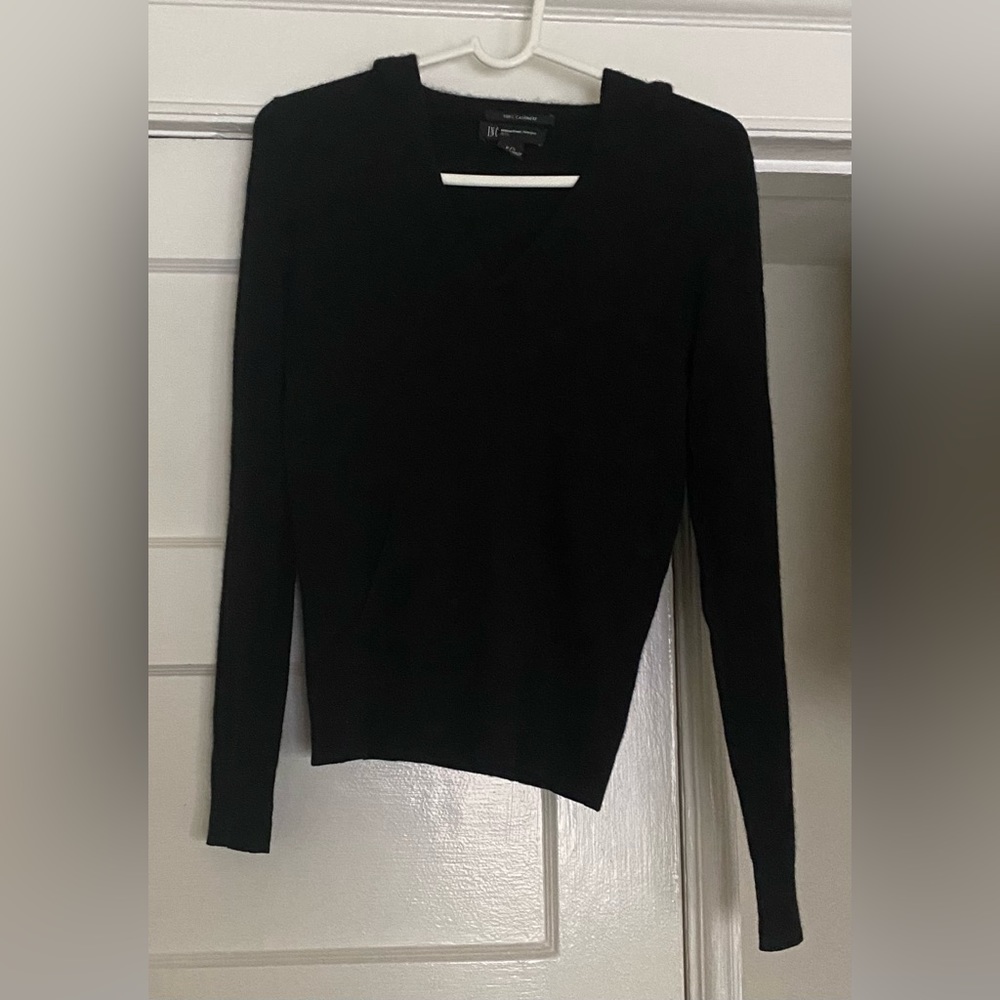 Vintage INC 100% Black Cashmere V Neck Hoodie Hooded Sweater PS Petite Small